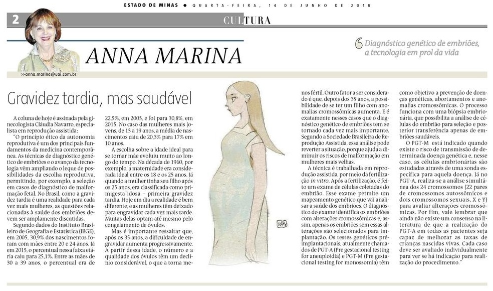 Jornal “Estado de Minas” (impresso e online) – Artigo “Diagnóstico Genético de Embriões”